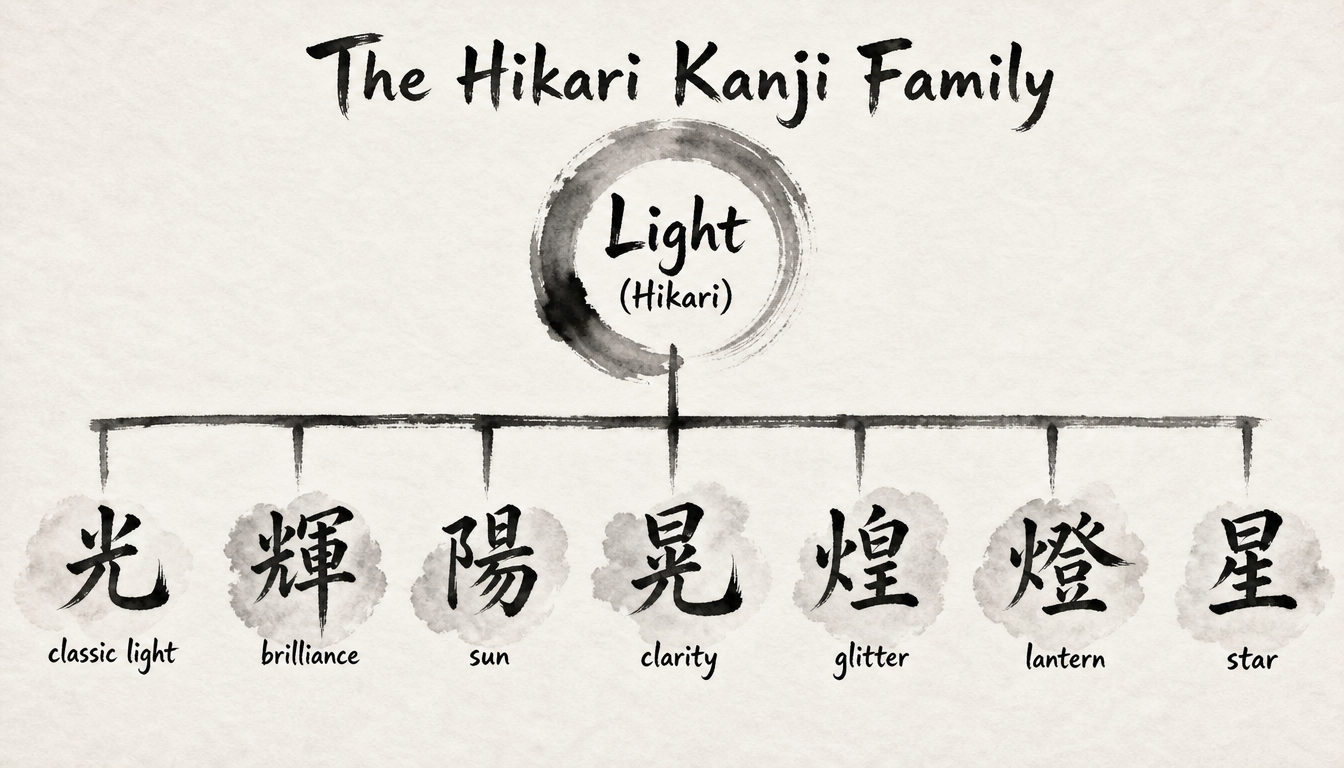 Hierarchy diagram of kanji related to the name Hikari and the concept of light