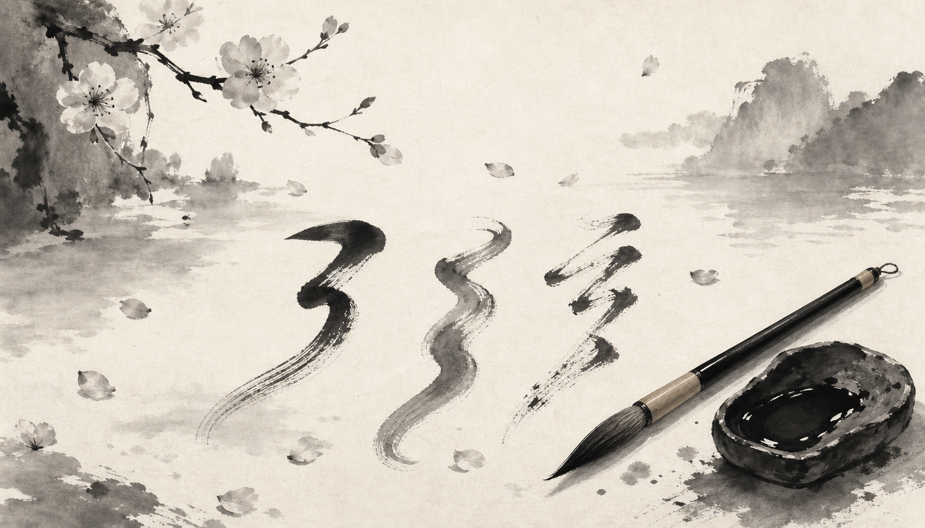 Sumi-e calligraphy brush and inkstone illustrating Hikari name kanji variations