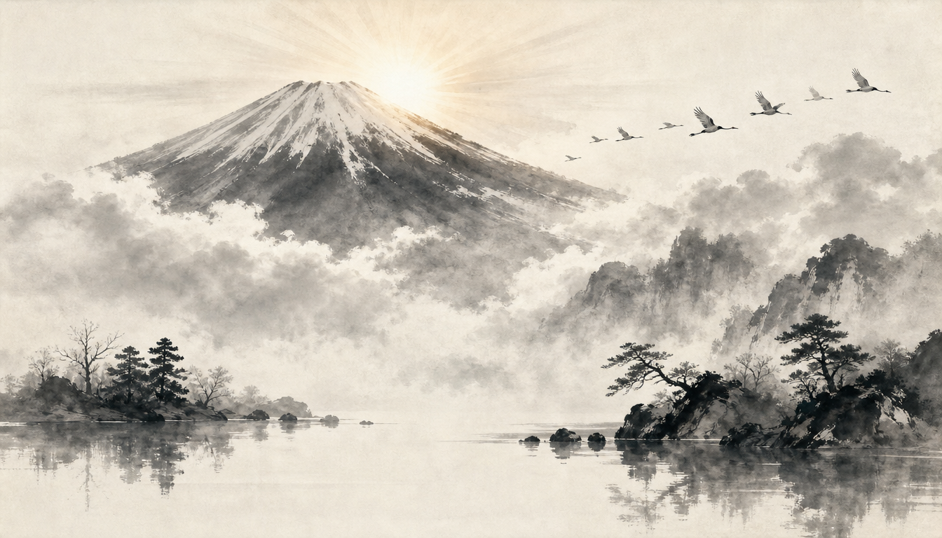 Sumi-e sunrise over Mount Fuji symbolizing the cultural meaning of Hikari light