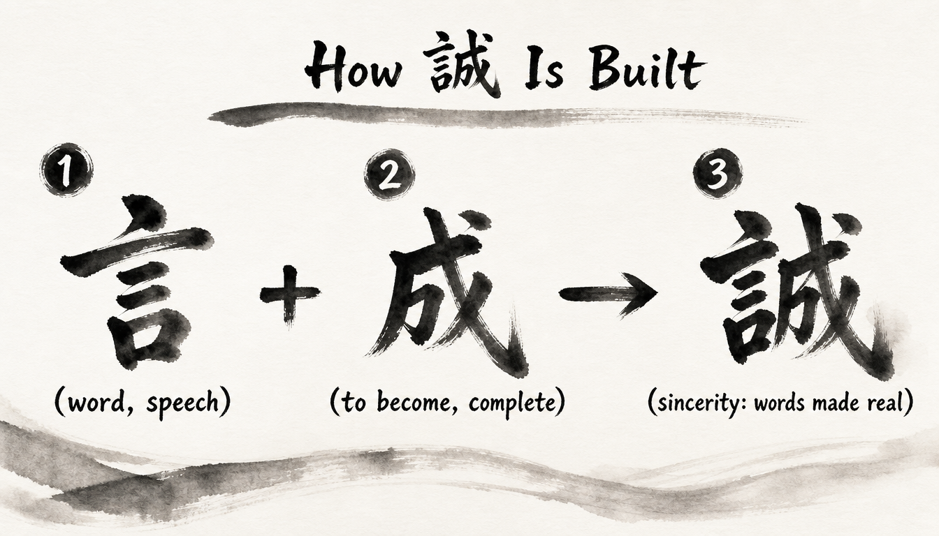Diagram showing the makoto sincerity kanji formed from 言 and 成 components