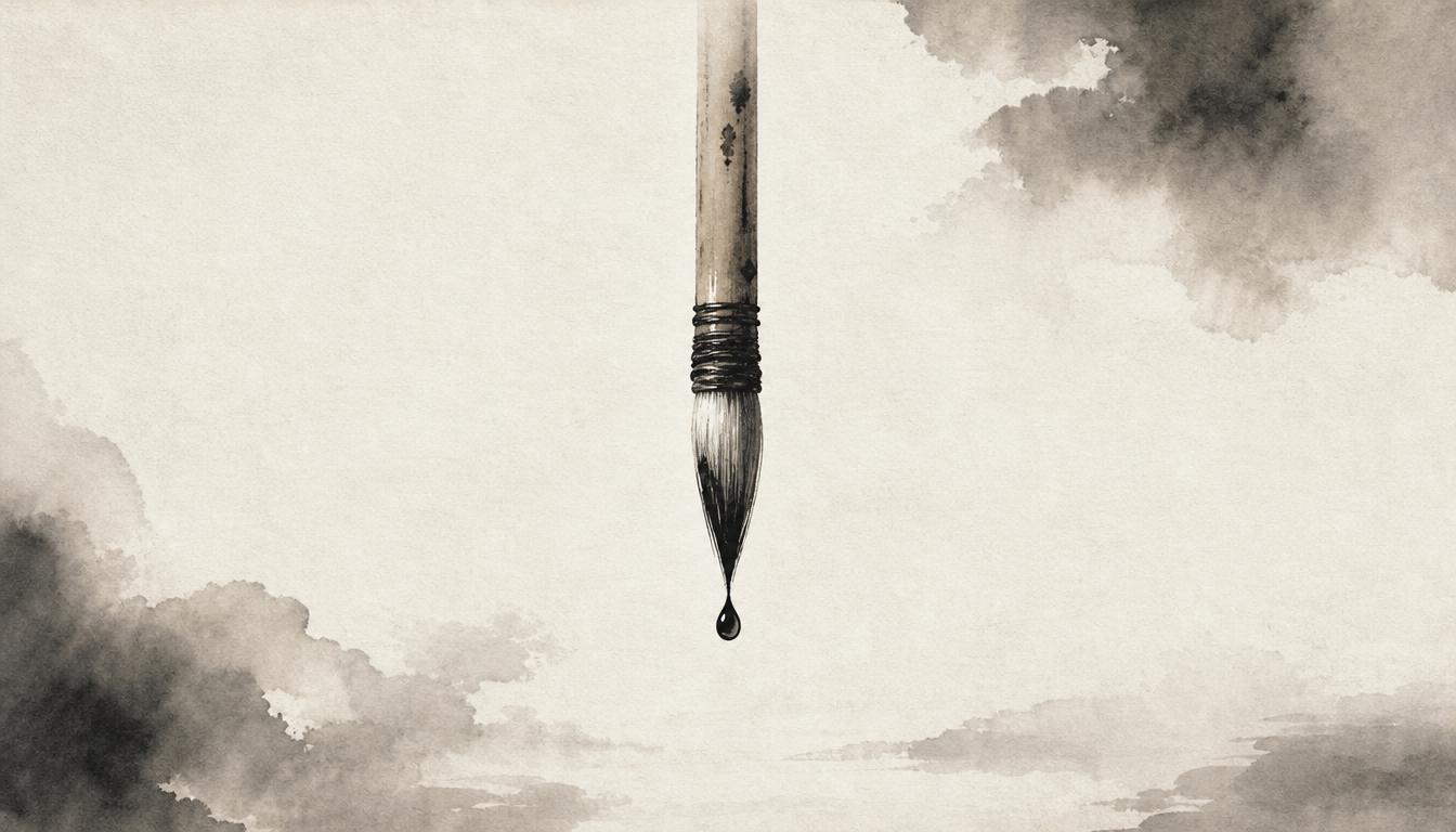 Brush poised with ink droplet symbolizing the makoto sincerity kanji radical