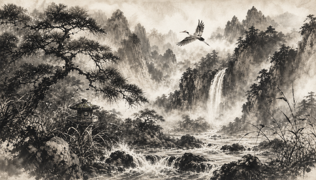 Layered sumi-e landscape reflecting the readings of the makoto sincerity kanji