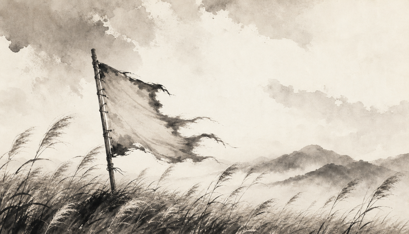 Lone samurai banner in windswept field evoking the makoto sincerity kanji of bushido