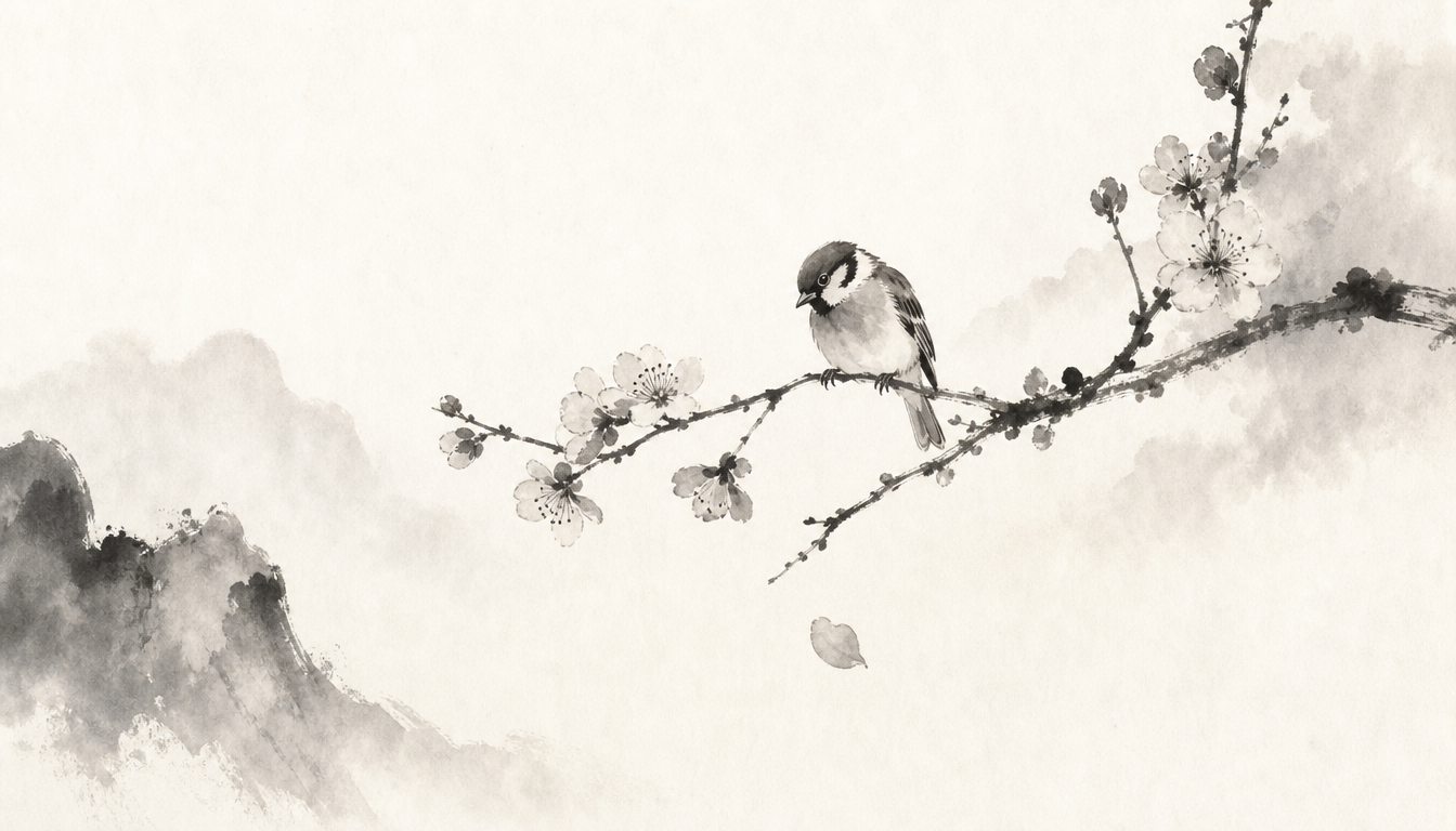Sparrow on plum branch symbolizing daily practice of the makoto sincerity kanji