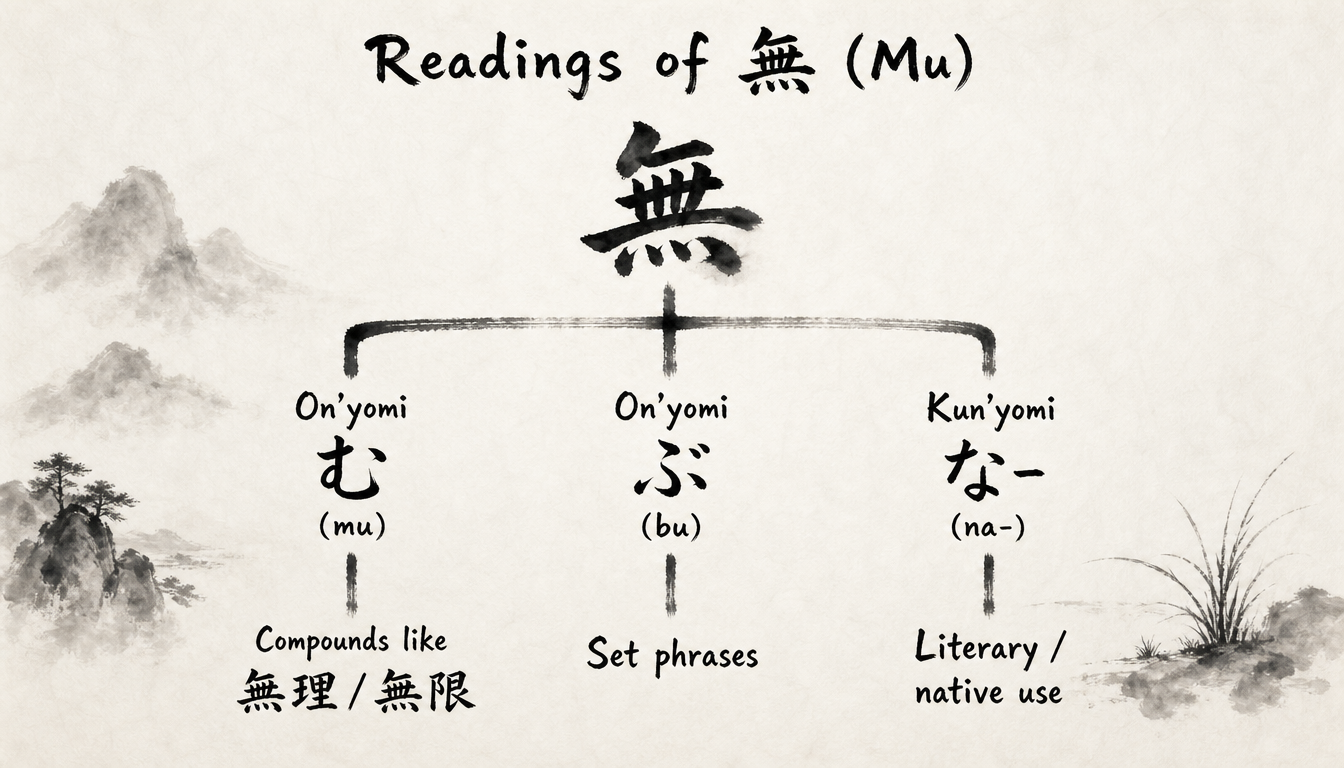 Hierarchy diagram of the readings of the kanji mu nothingness 無