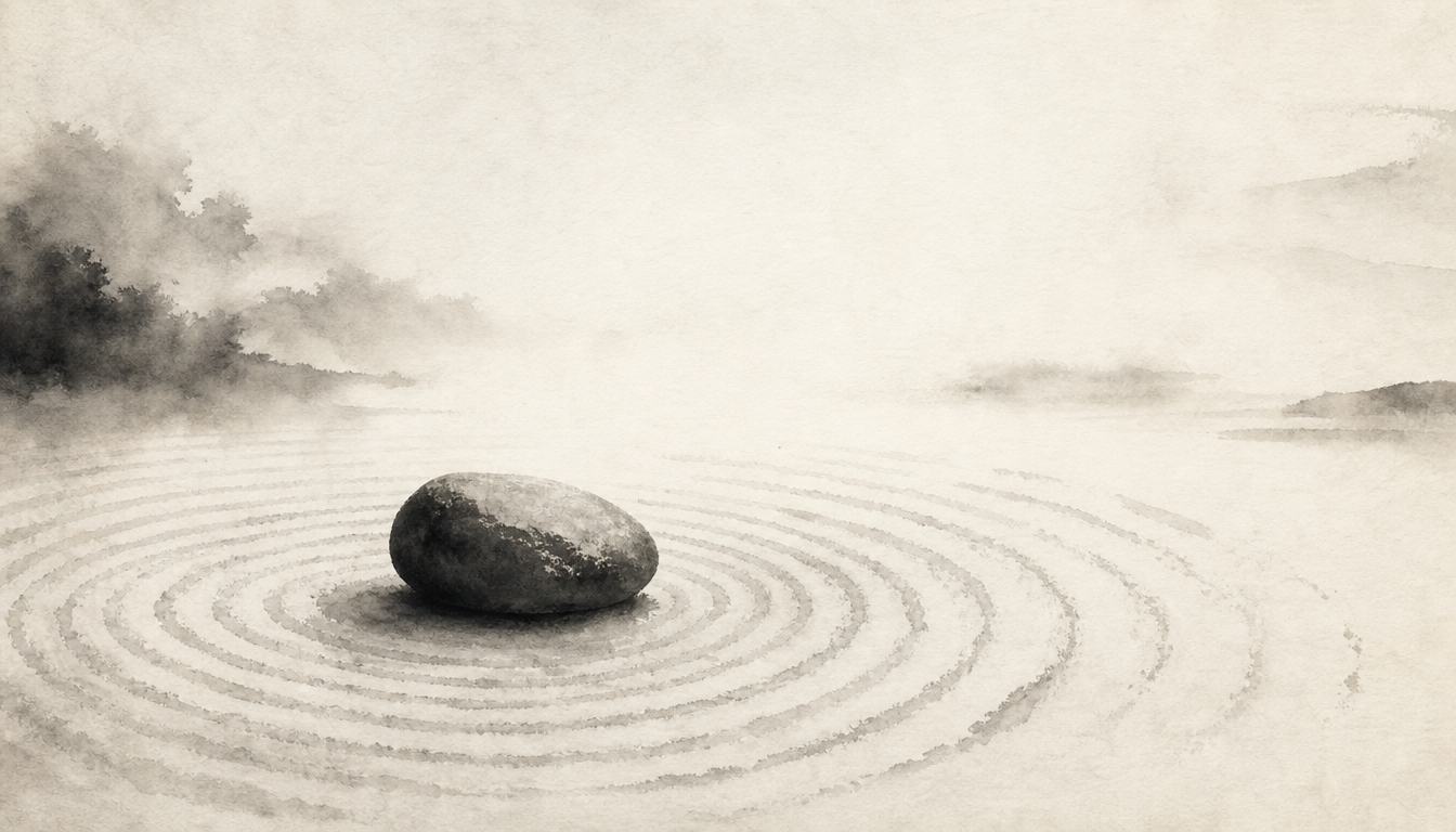 Sumi-e Zen garden stone illustrating the basics of the kanji mu nothingness