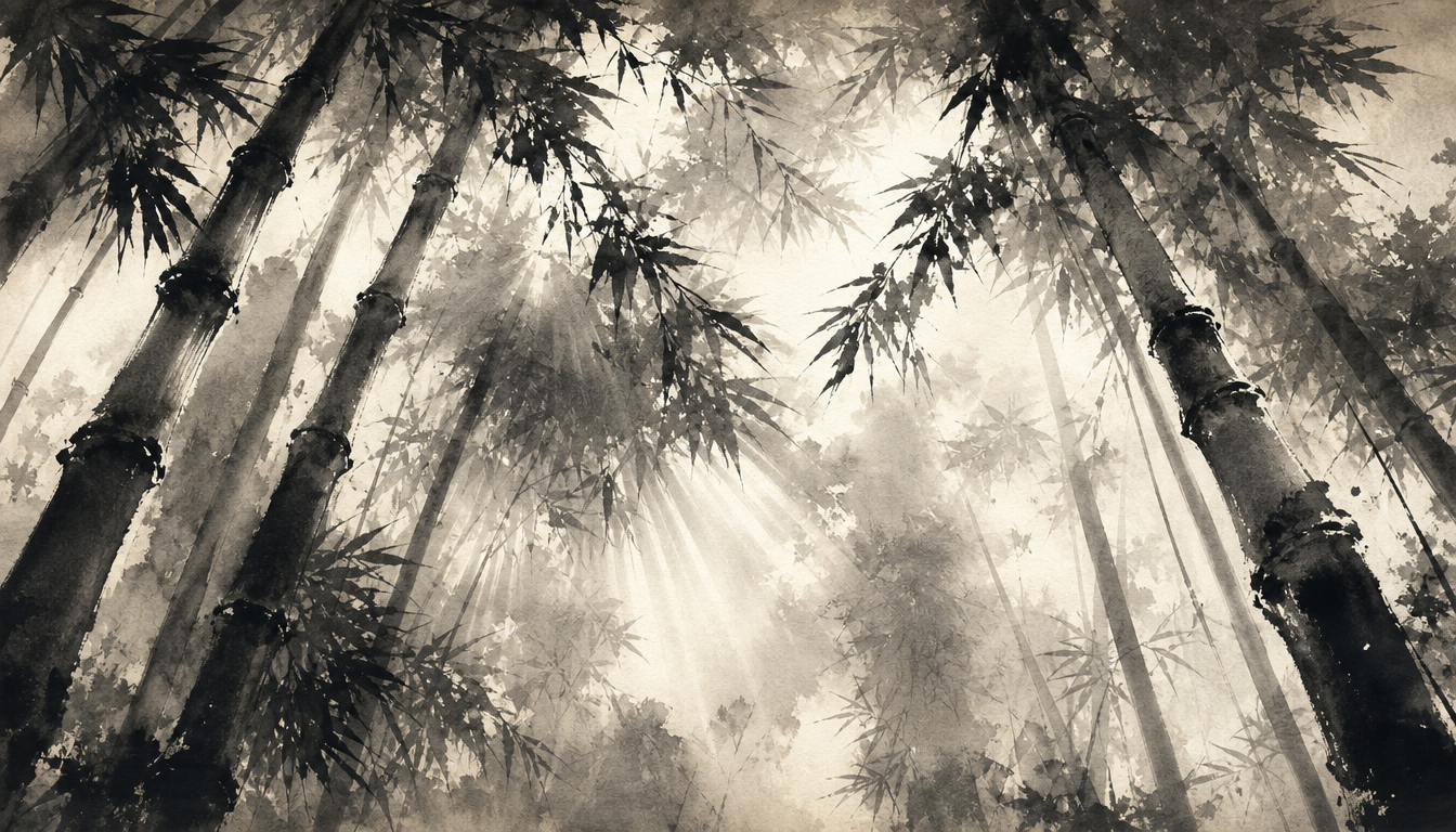 Dense sumi-e bamboo grove symbolizing the readings of the kanji mu nothingness