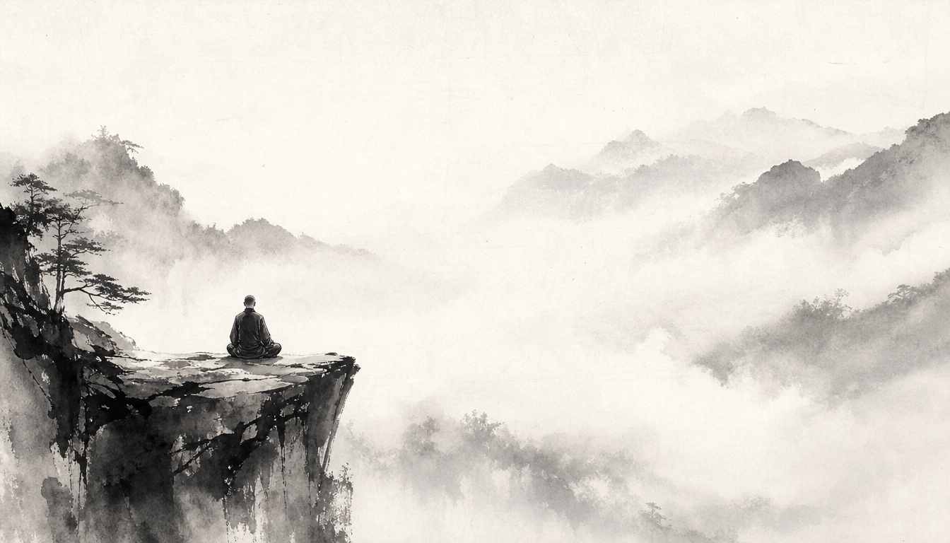 Sumi-e meditating monk contemplating the kanji mu nothingness in Zen Buddhism