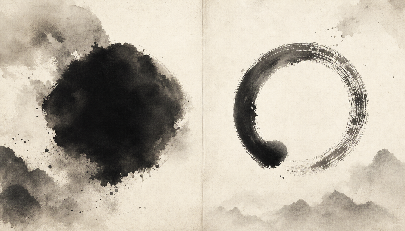Sumi-e diptych comparing emptiness kanji and the kanji mu nothingness