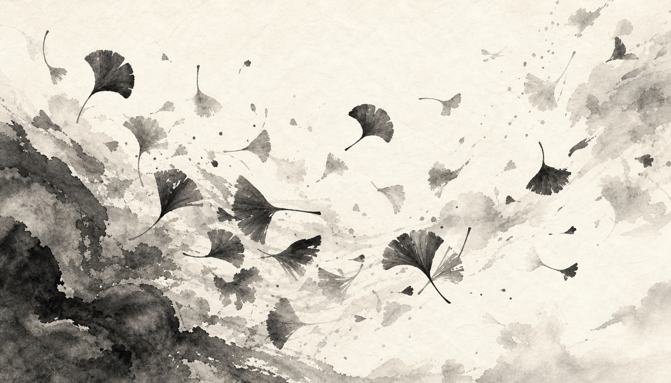 Sumi-e scattering leaves representing compounds of the kanji mu nothingness