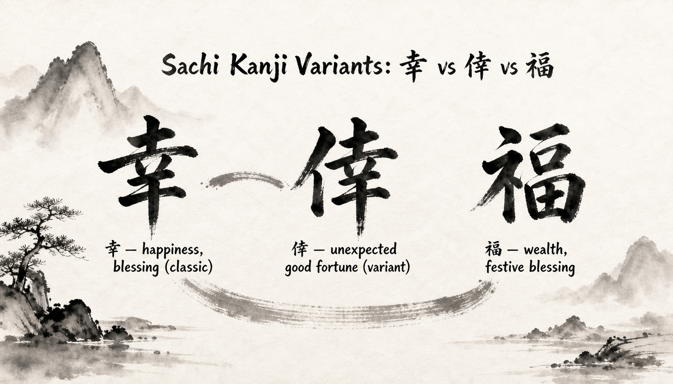 Comparison chart of sachi kanji meaning variants 幸 倖 and 福 for happiness and good fortune