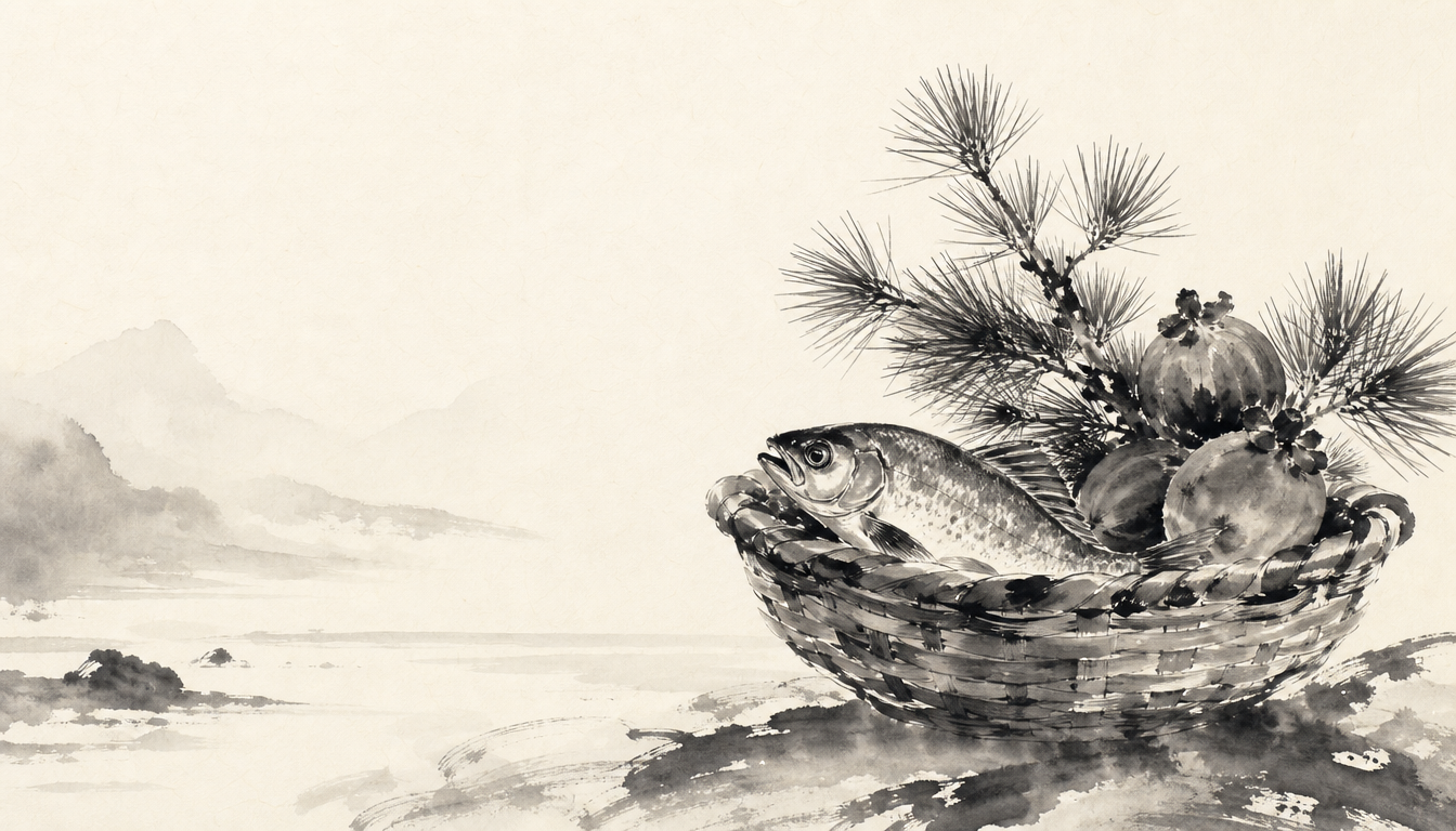 Ink wash basket of harvest gifts representing the sachi kanji meaning of blessing and abundance