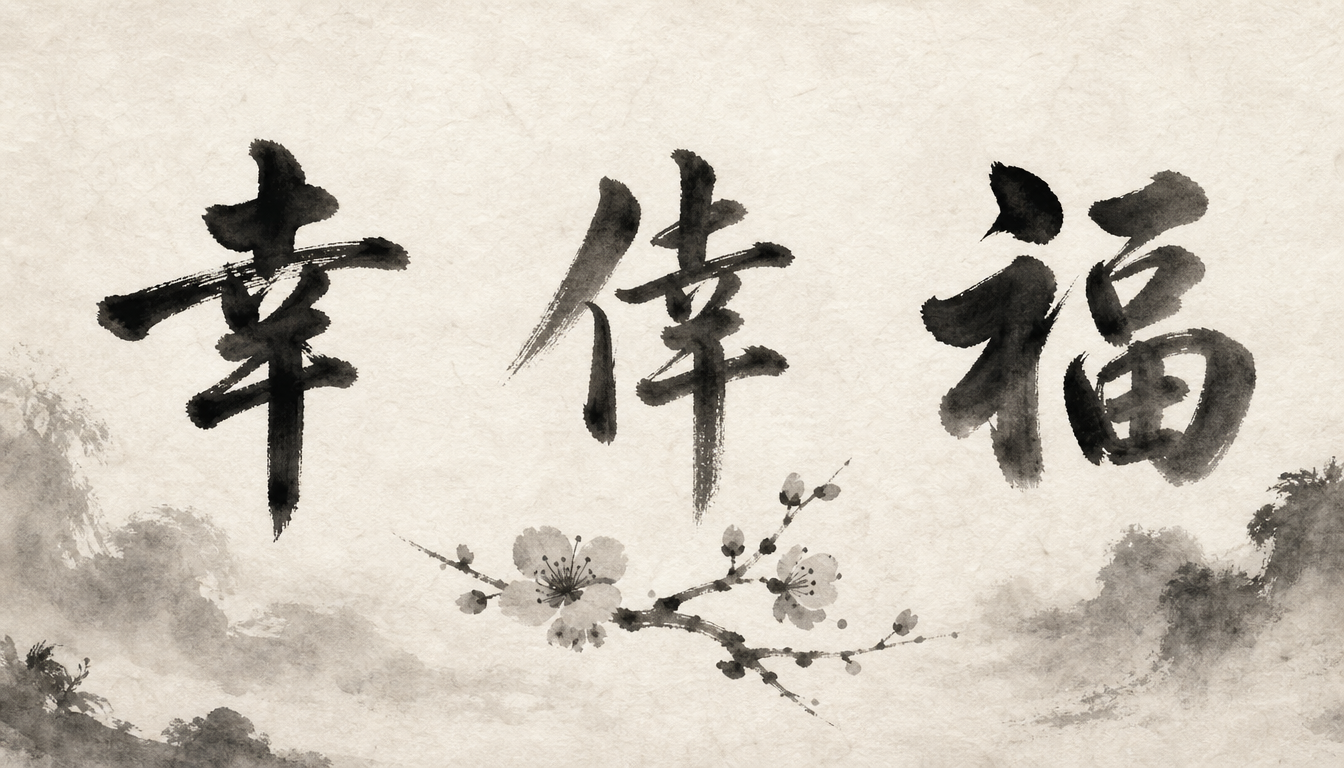 Three sachi kanji variants 幸 倖 福 illustrating the sachi kanji meaning of happiness