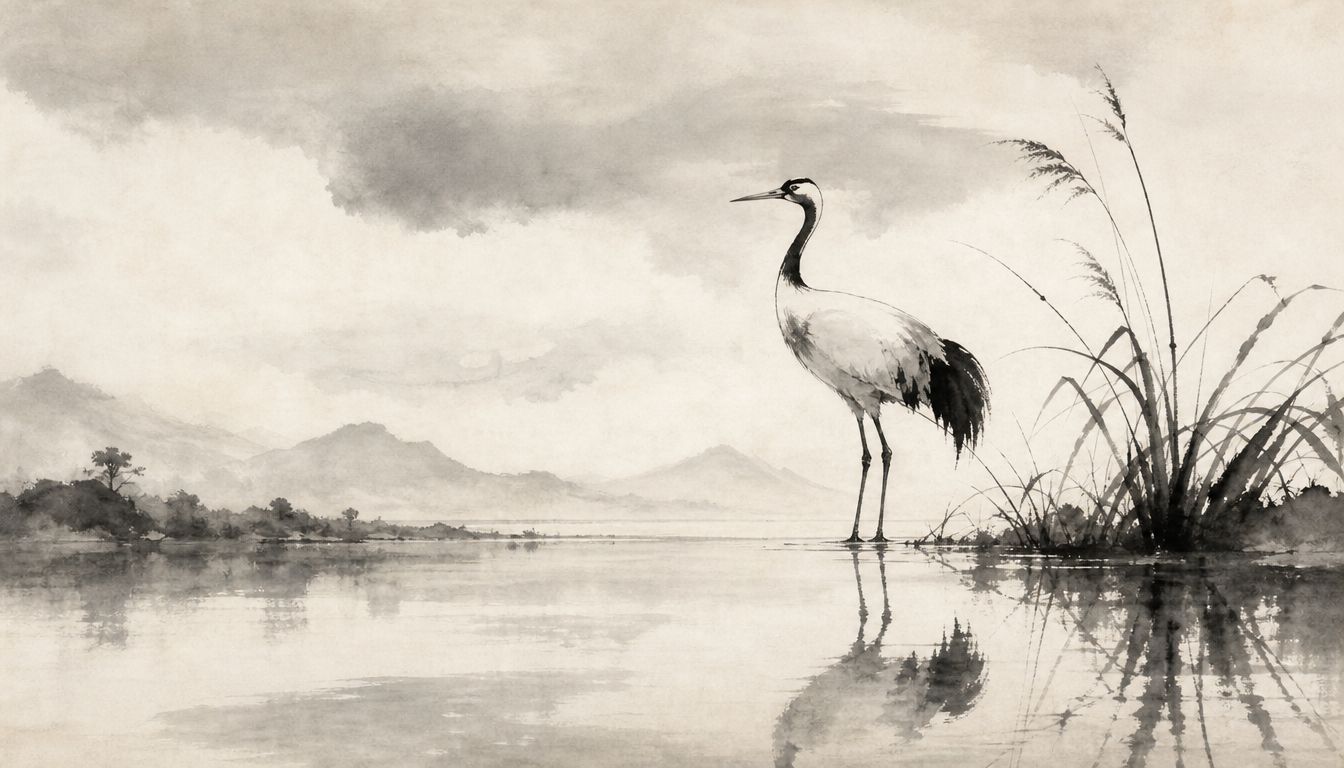 Sumi-e crane in still water symbolizing the sachi kanji meaning of grounded happiness