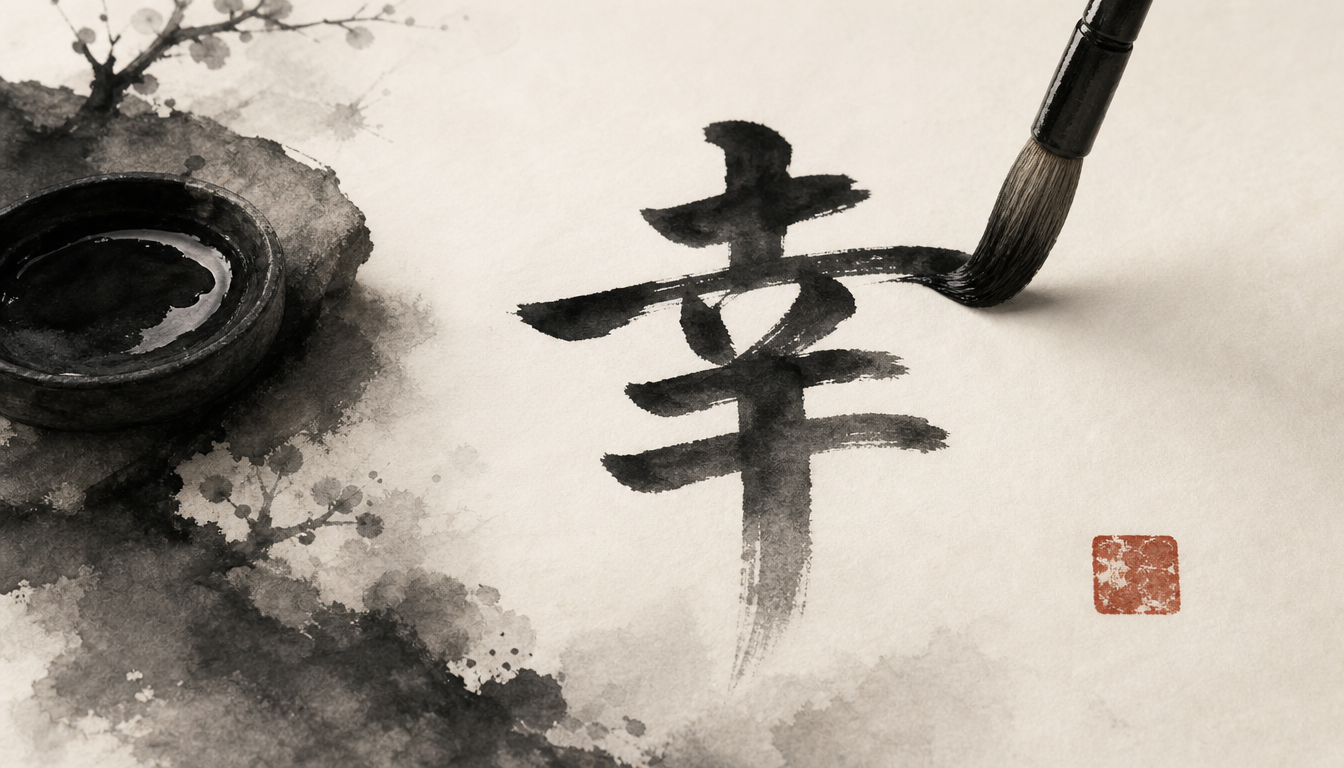 Calligraphy brush writing the kanji 幸 for a tattoo, reflecting the sachi kanji meaning