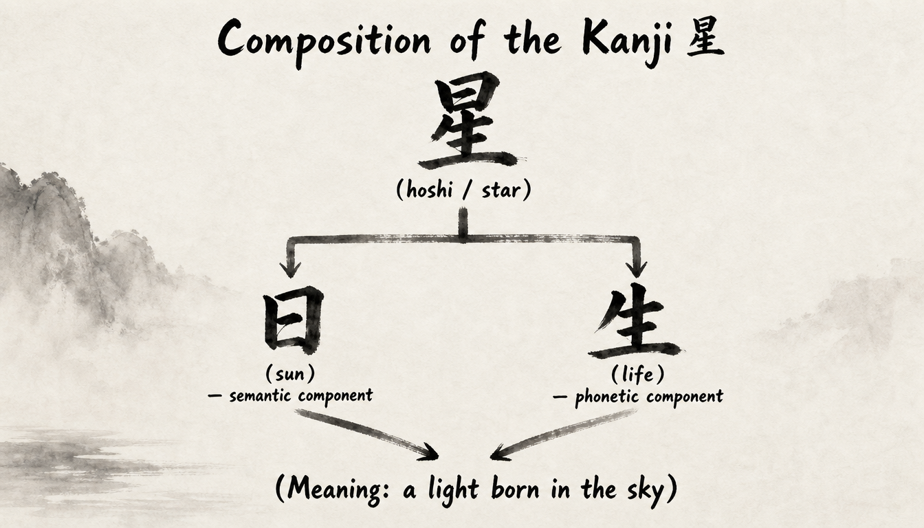 Diagram showing star kanji hoshi composition and Japanese star symbol structure