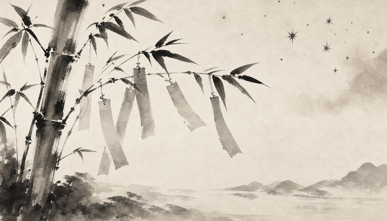 Tanabata bamboo and Japanese star symbol kanji hoshi in sumi-e style