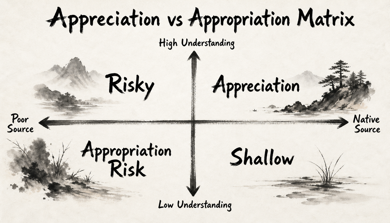 Matrix diagram evaluating kanji tattoo cultural appropriation risk by understanding and source