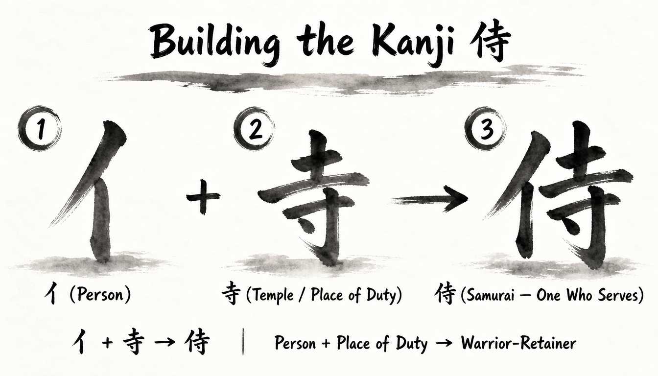 Diagram showing person plus temple forming the kanji samurai warrior kanji and its samurai meaning