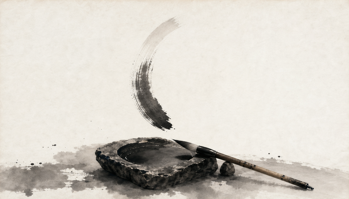 Minimal sumi-e of brush and inkstone introducing the samurai meaning of the warrior kanji