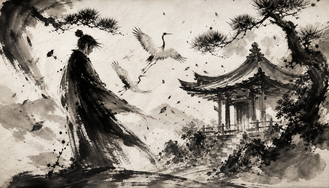 Sumi-e showing person and temple components forming the kanji samurai warrior kanji etymology
