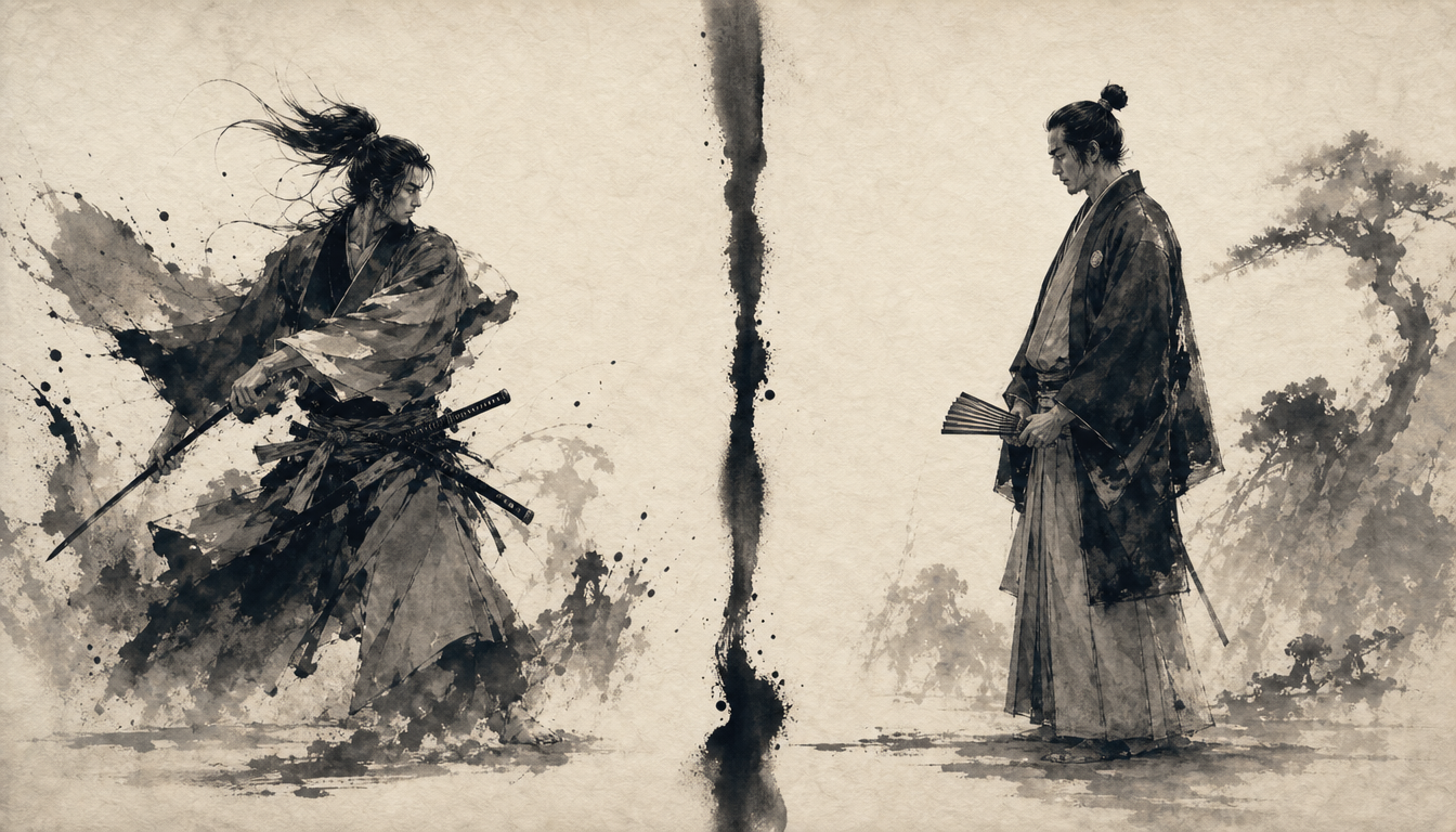 Sumi-e comparison of 侍 samurai and 武士 bushi illustrating warrior kanji distinction