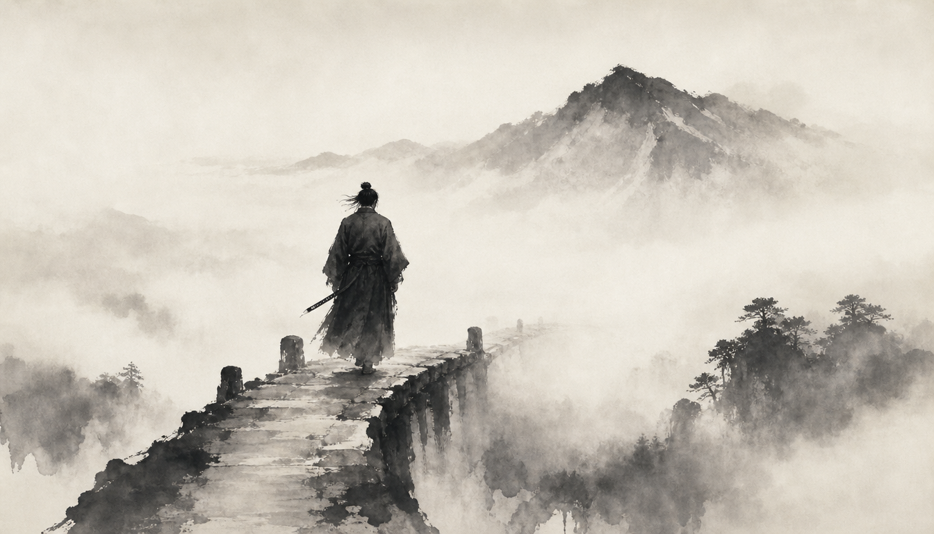 Contemplative samurai on misty bridge embodying samurai meaning of the warrior kanji