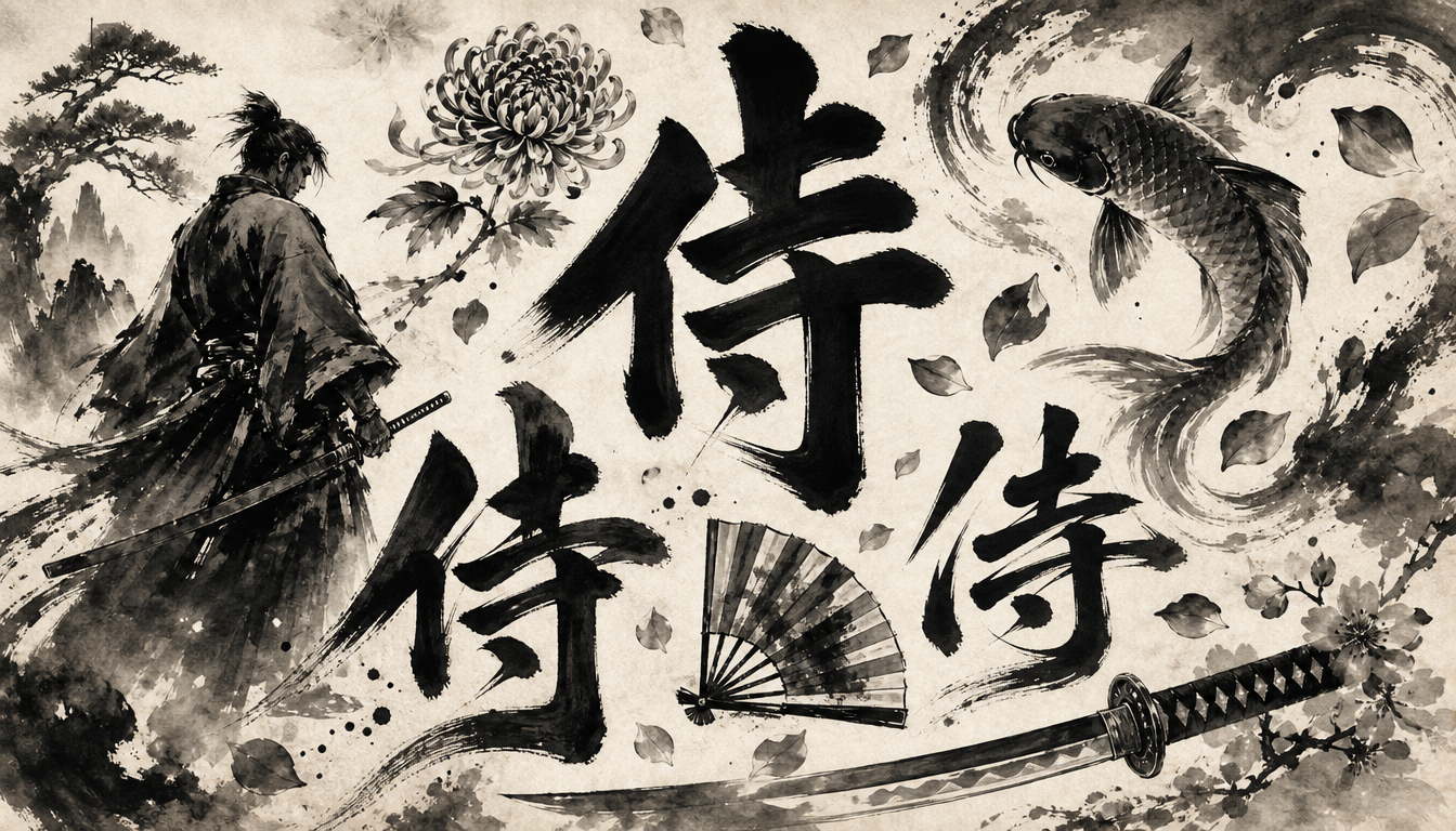 Sumi-e tattoo flash arrangement of kanji samurai warrior kanji in multiple calligraphy styles