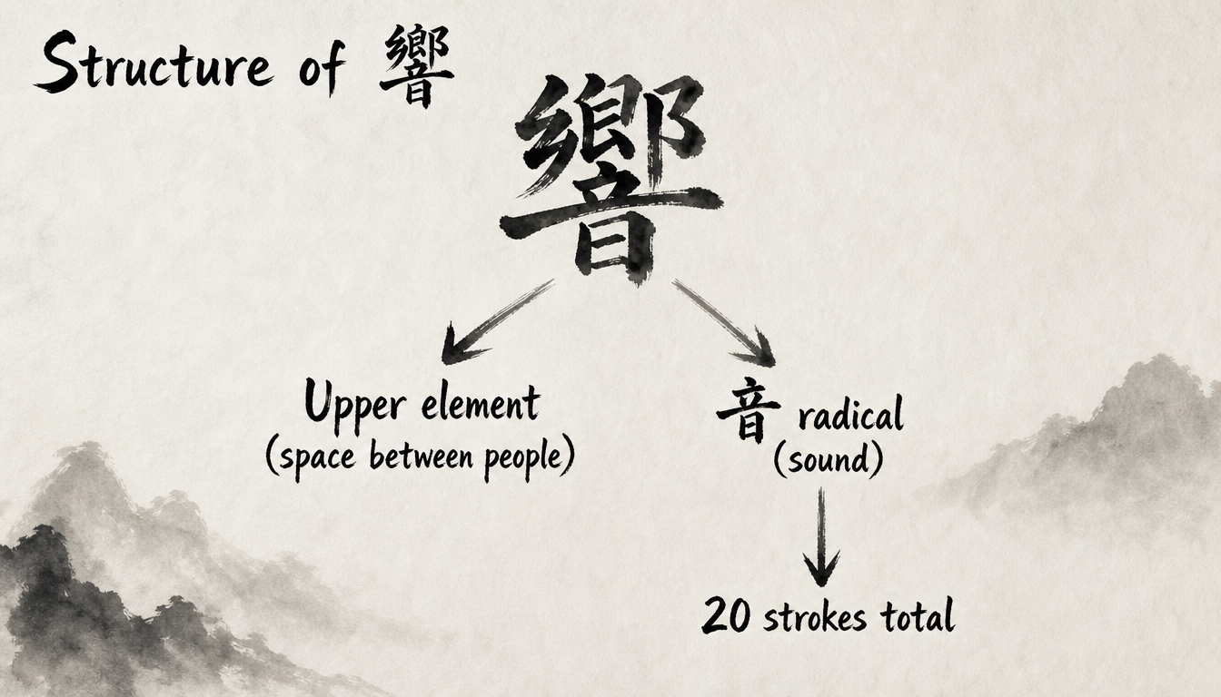 Hierarchy diagram breaking down the structure of the kanji hibiki echo 響 and its radicals