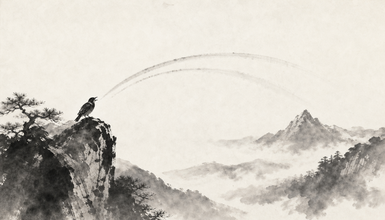 Sumi-e bird calling across a valley illustrating the kanji hibiki echo meaning