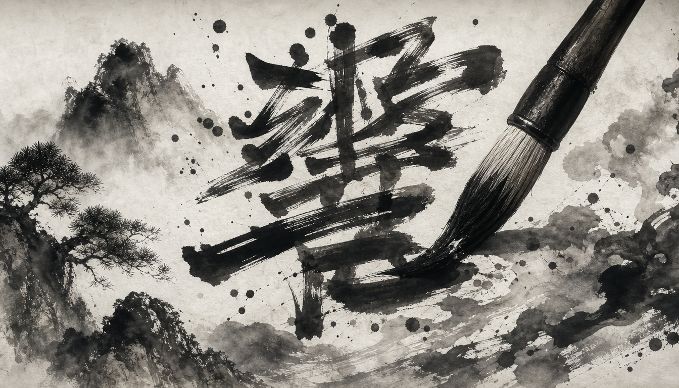 Sumi-e brush building a dense character showing kanji hibiki echo structure and radicals