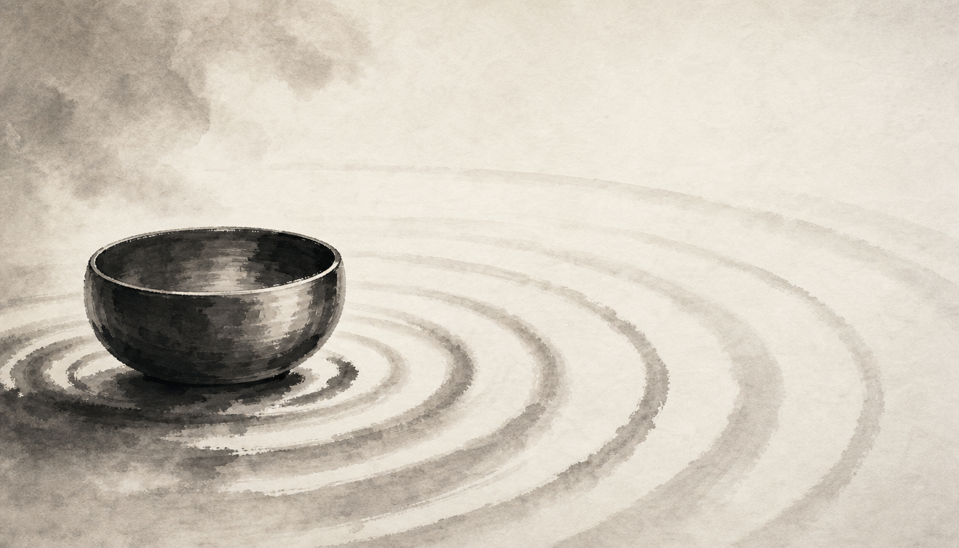 Sumi-e singing bowl and sound rings representing kanji hibiki echo readings