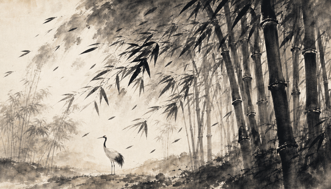 Sumi-e bamboo grove and crane symbolizing the resonance of kanji hibiki echo