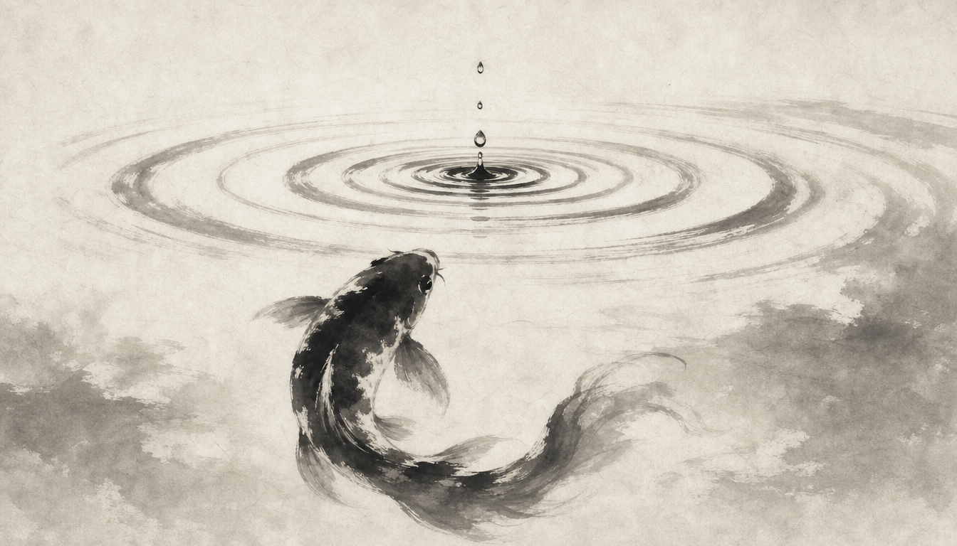 Sumi-e koi and water ripples representing kanji hibiki echo as a personal tattoo symbol