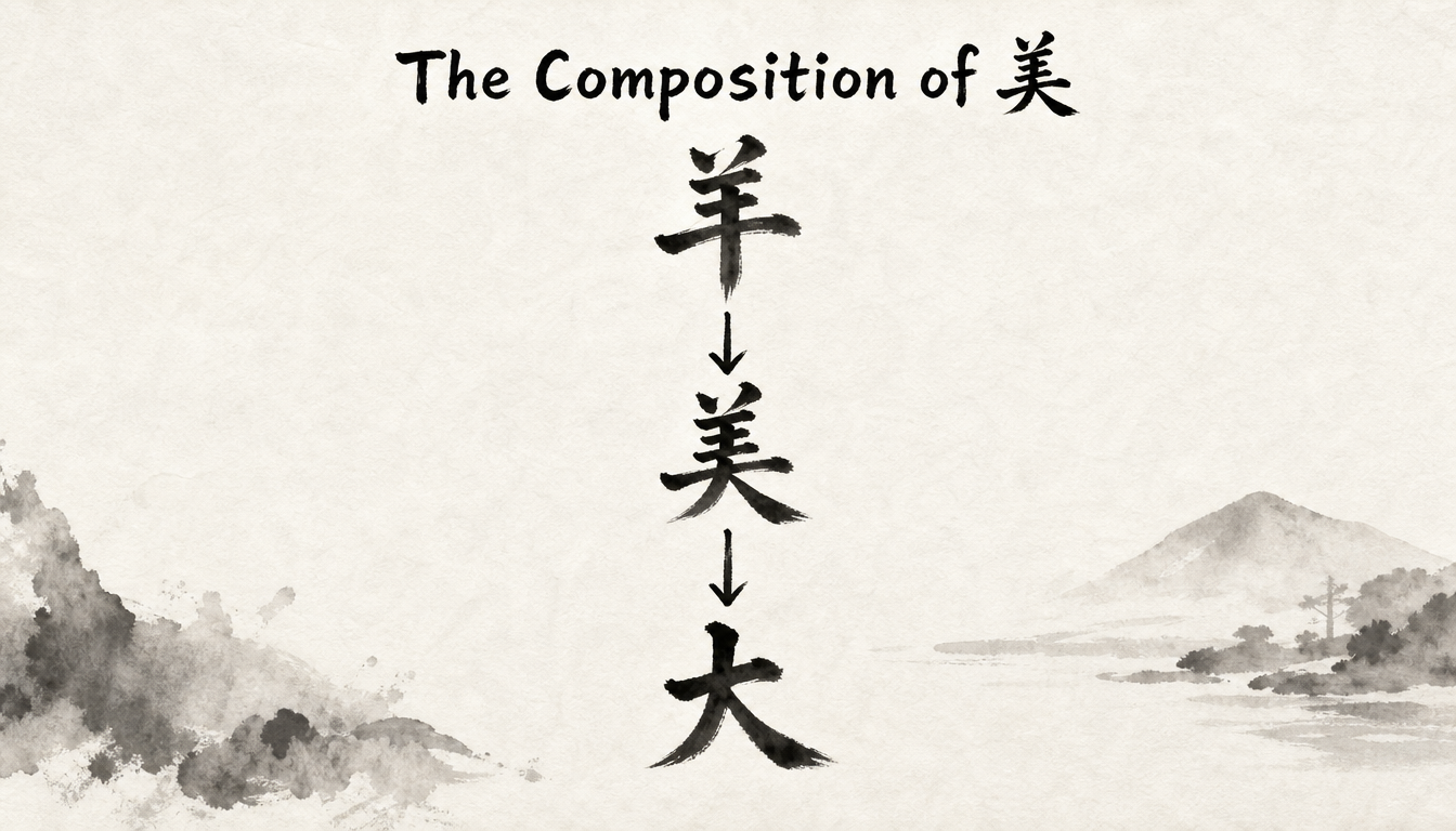 Diagram showing the sheep and person components forming the kanji for beauty 美