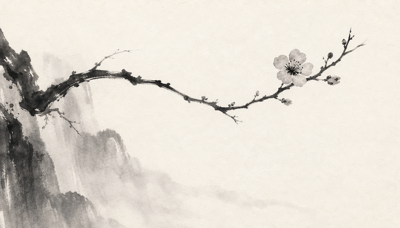 Minimal ink wash plum blossom representing the kanji for beauty and elegance
