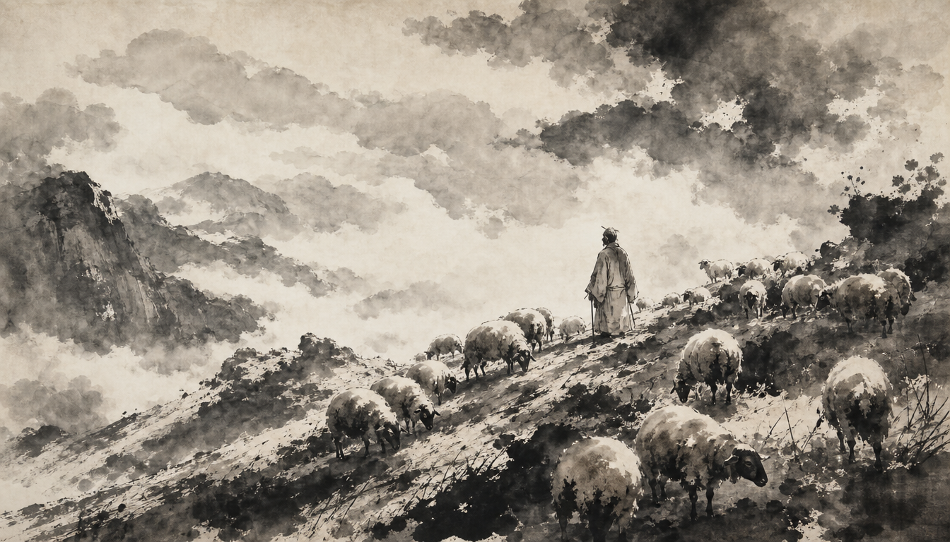 Ink wash sheep and figure illustrating the origins of the kanji for beauty