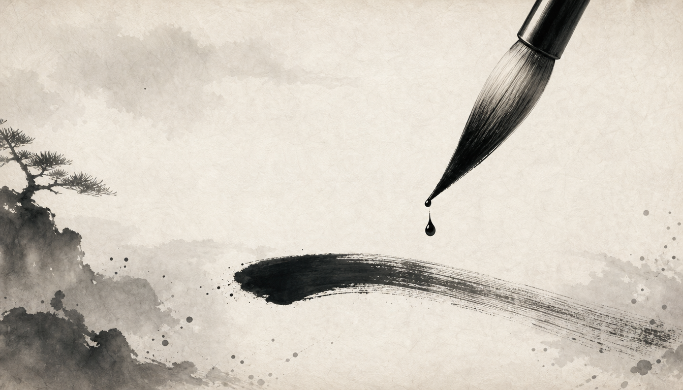 Calligraphy brush writing the kanji for beauty in sumi-e style