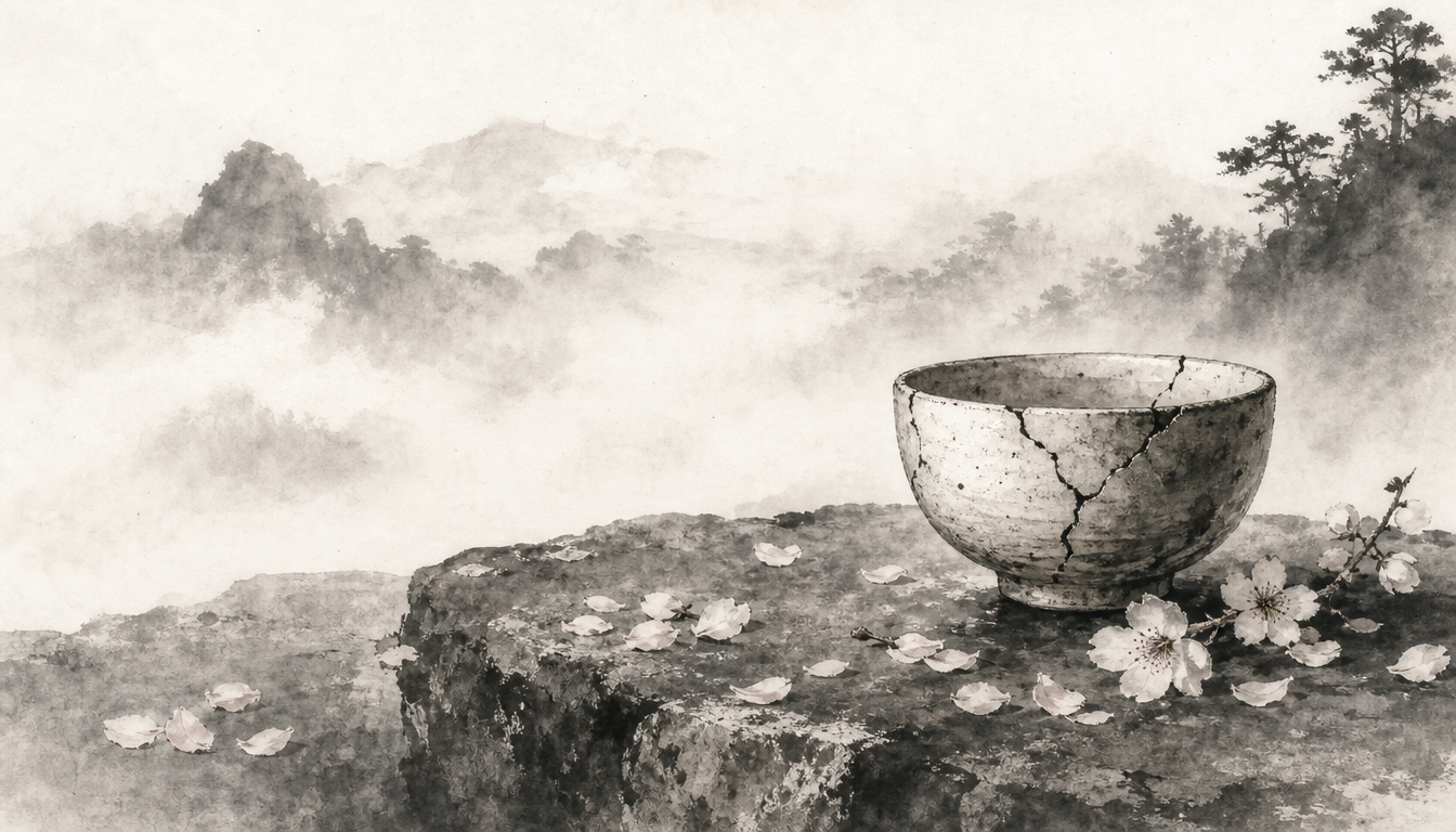 Cracked teacup and petals evoking wabi-sabi and the kanji for beauty