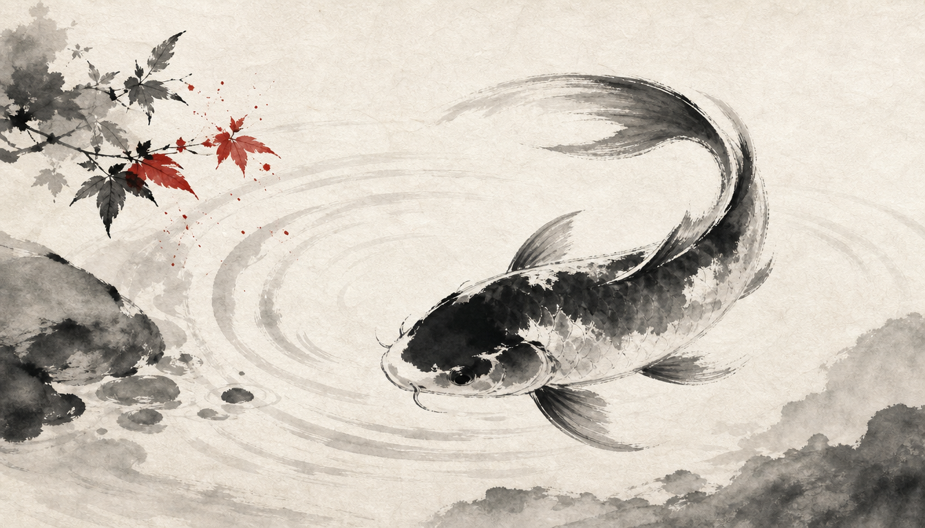Graceful koi in sumi-e symbolizing the kanji for beauty as a personal symbol