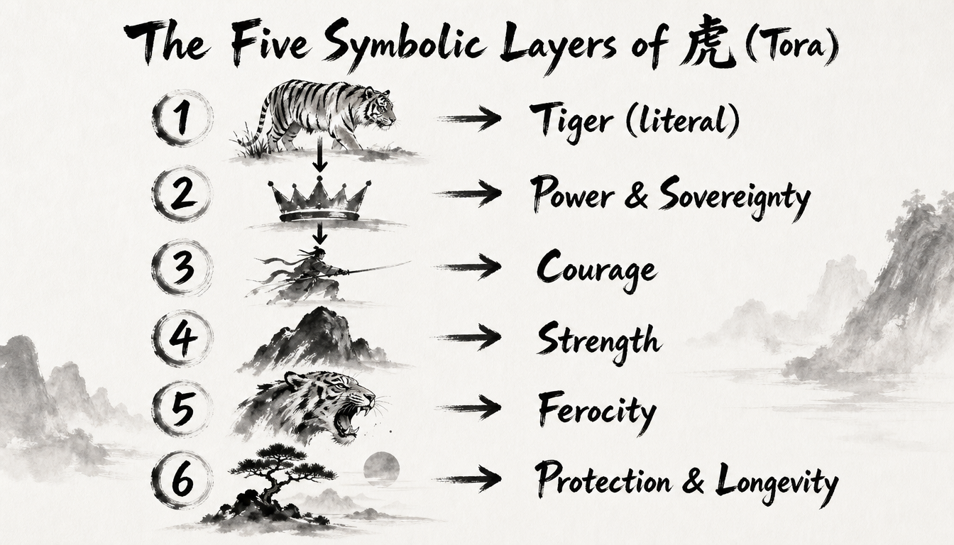 Infographic showing the five symbolic layers of kanji tora, including the tora meaning of courage, strength, and the japanese tiger symbol of protection