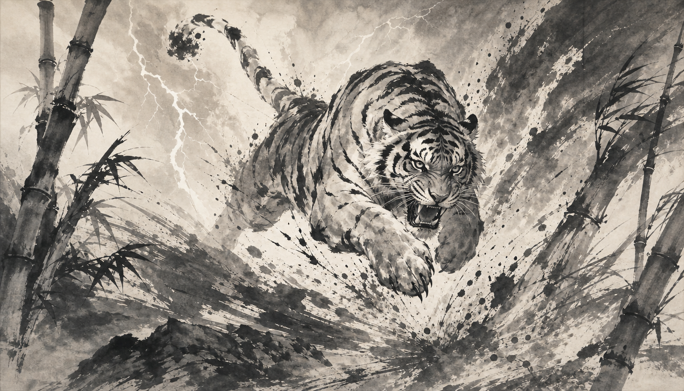 Sumi-e leaping tiger illustrating the kanji tora and the lightning attack codeword behind Tora Tora Tora