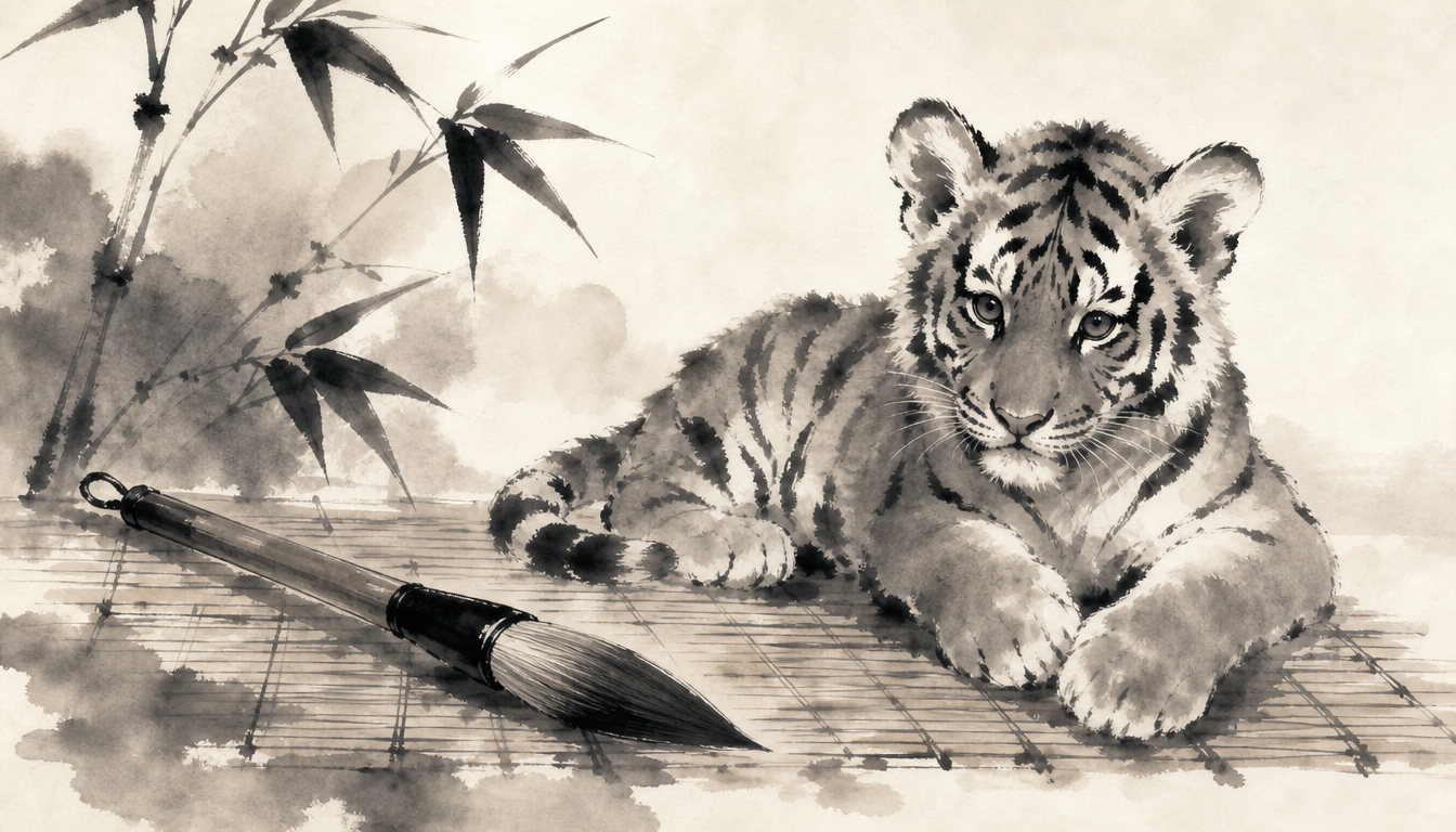 Sumi-e tiger cub beside a calligraphy brush representing tora meaning in Japanese names