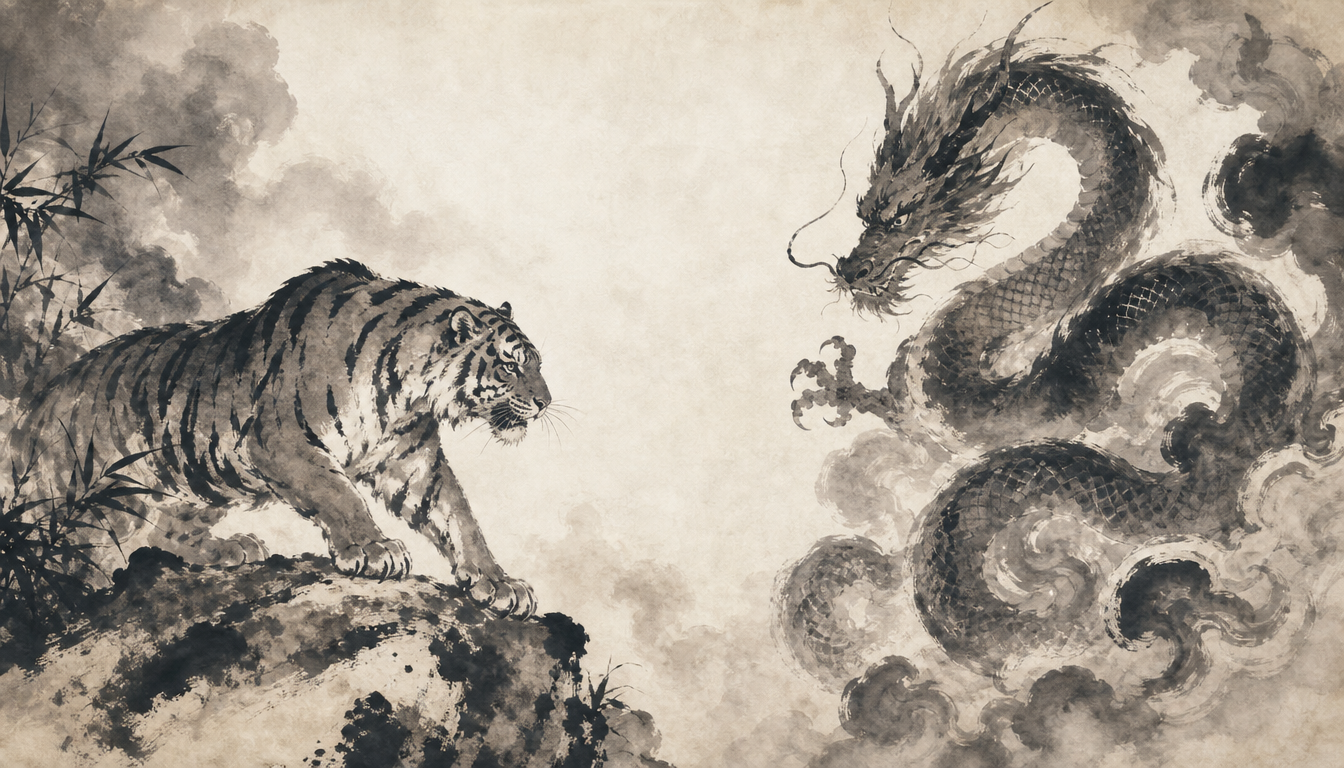 Sumi-e tiger and dragon diptych showing the japanese tiger symbol paired with traditional cosmic balance