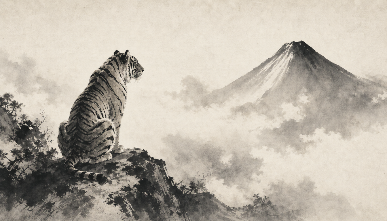 Sumi-e contemplative tiger on a rock symbolizing the choice of kanji tora as a personal soul kanji