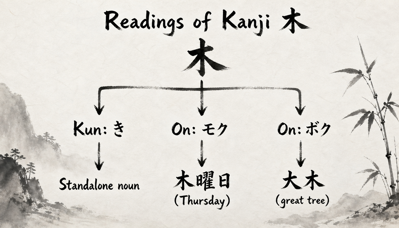Hierarchy diagram of kanji ki tree kanji readings showing ki meaning across Japanese tree symbol contexts
