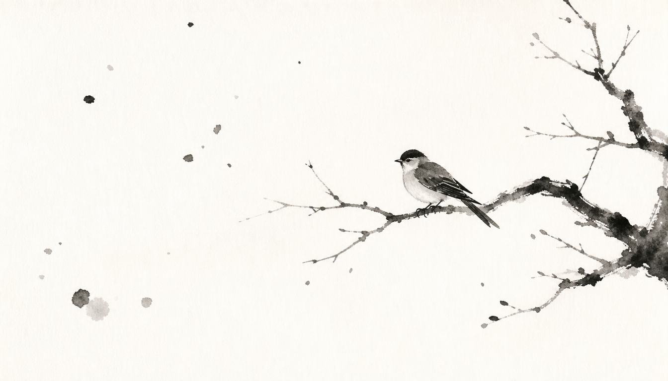 Tree kanji ki meaning illustrated by a quiet bird on a sumi-e branch