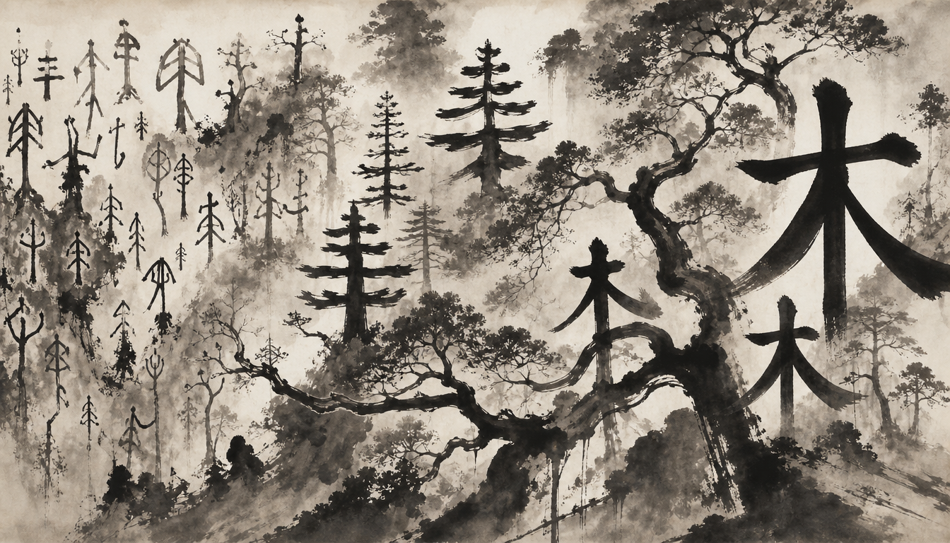 Japanese tree symbol kanji ki shown evolving from oracle bone script to modern form in dense sumi-e