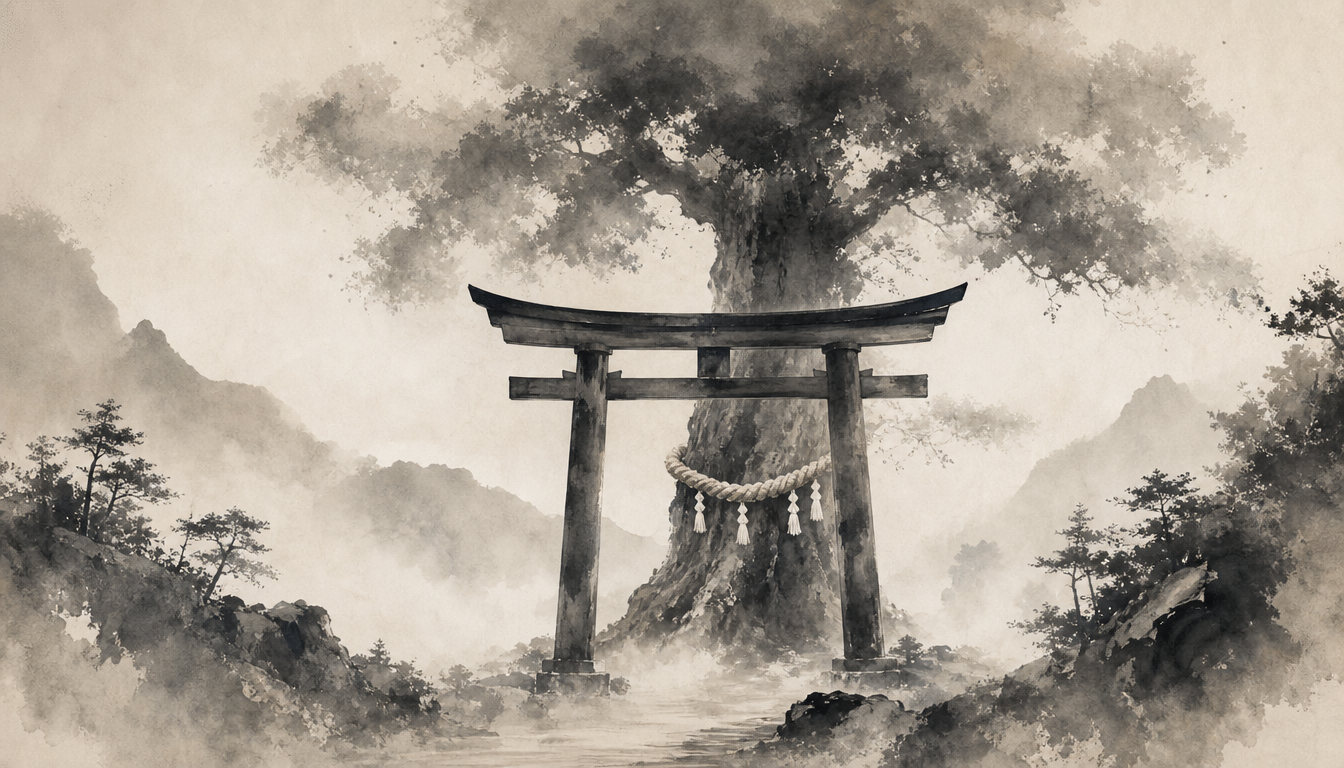 Japanese tree symbol ki meaning expressed as a sacred shrine tree in sumi-e