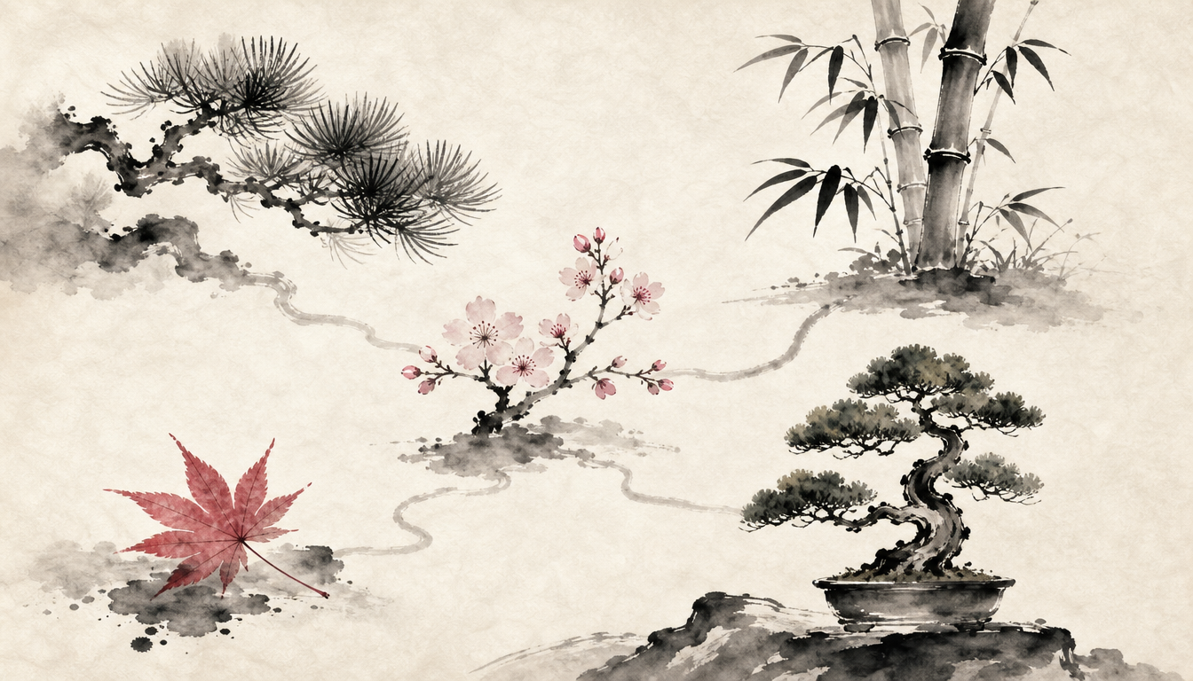 Related tree kanji and Japanese tree symbol plants shown as a sumi-e family still life
